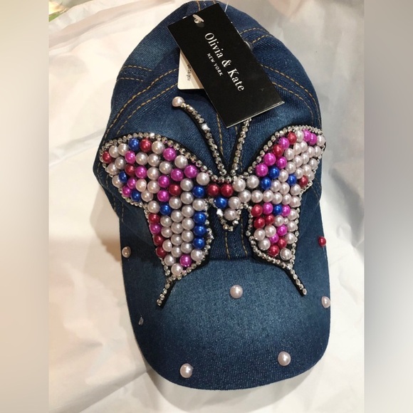 Denim red white pink pearl embellished rhinestone crystal butterfly baseball cap - Picture 10 of 14